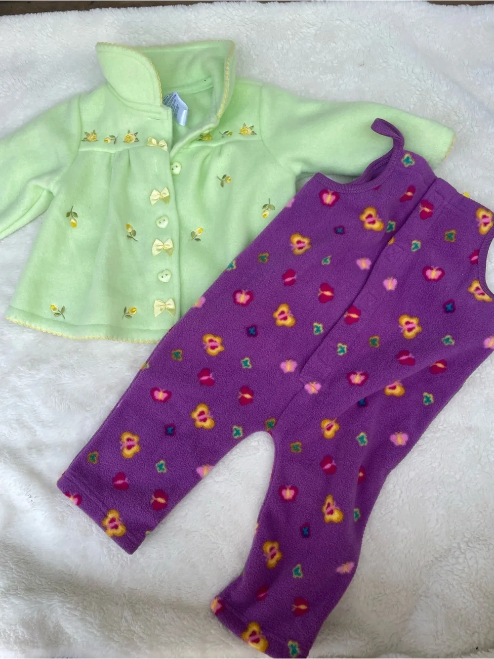 Purple Floral Fleece One-Piece Footie with Light Green Embroidered Jacket